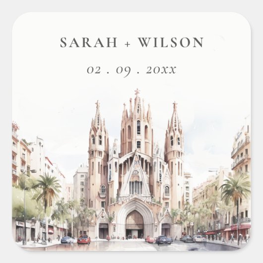 Kathedraal van Barcelona Spanje Waterverf Bruiloft Vierkante Sticker (Voorkant)