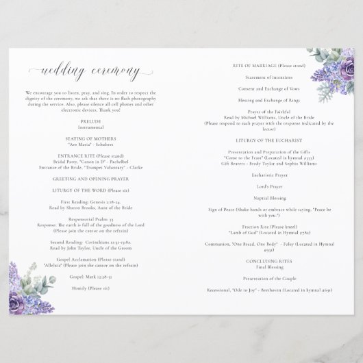 Katherine Lavender Katholieke Wedding Mass Program (Achterkant)