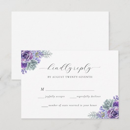 Katherine Paarse Floral Script Wedding RSVP Kaart (Voorkant / Achterkant)