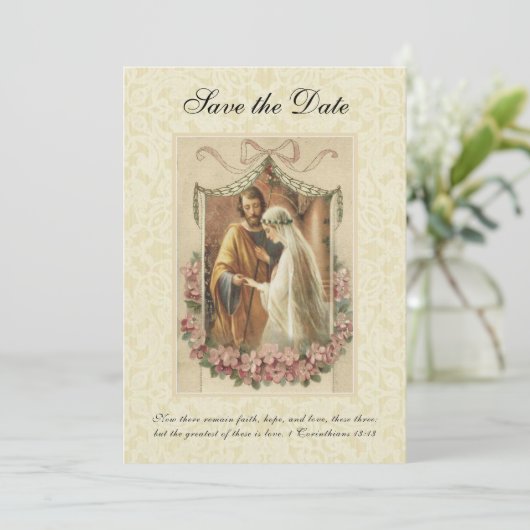 Katholiek Bruiloft Kersenbloesem Religieus Save The Date (Staand voorkant)