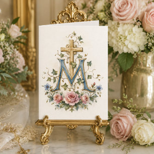 Katholiek Maria-kruis bloemenschrift monogram Bedankkaart