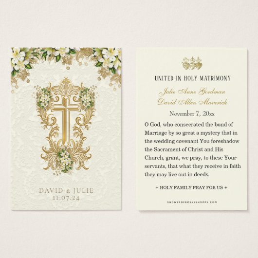 Katholiek Wit Bloemen Goud Bruiloft Heilige Kaart (Voorkant /achterkant)