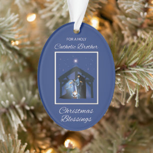 Katholieke Broeder Kerst Zegeningen Kribbe Blauw Ornament