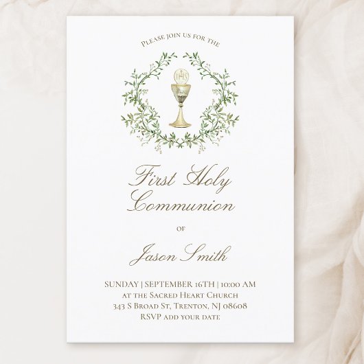 Katholieke Eerste Communie Chalice Greenery Crest Kaart