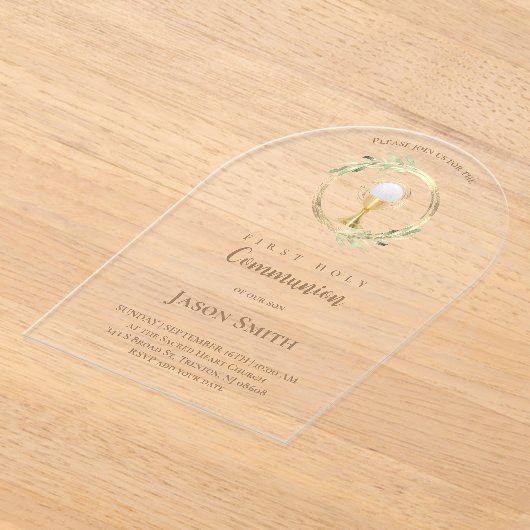 Katholieke Eerste Communie Gouden Cirkel Groene bl Acryl Uitnodigingen (Laagn)