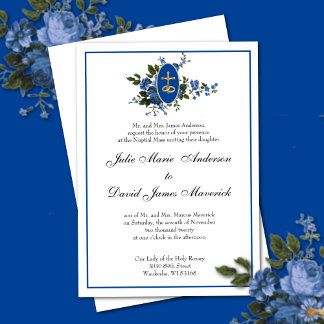 Katholieke Elegant Blue Floral Wedding Uitnodiging