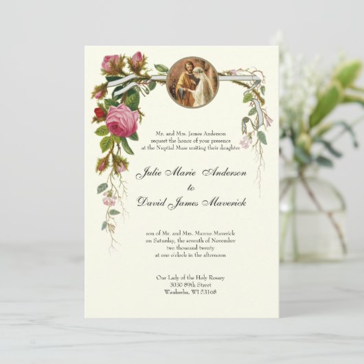 Katholieke Elegant Ivory Rozen Weddenschap Kaart (Staand voorkant)
