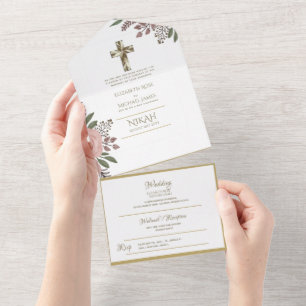 Katholieke Floral Wedding Invitations Modern Cross All In One Uitnodiging