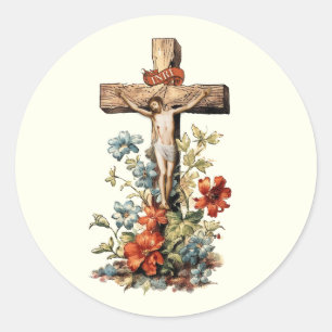Katholieke Jezus Kruisiging Bloemen Kruis Ronde Sticker