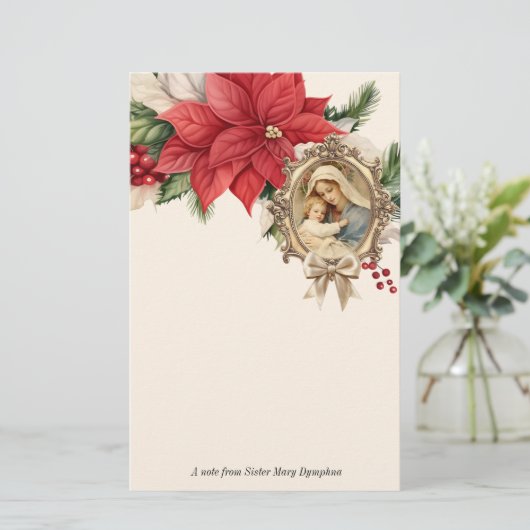Katholieke Kerst Maria Jezus Poinsettias Briefpapier (Staand voorkant)