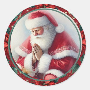 Katholieke Kerstman met Rozenkrans Poinsettias Ronde Sticker
