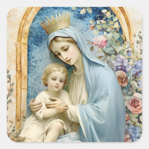 Katholieke Maagd Maria Baby Jesus Floral Vierkante Sticker