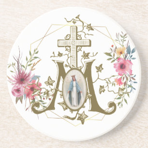 Katholieke Maagd Mary Marian Cross Floral Zandsteen Onderzetter