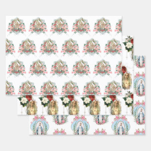 Katholieke Maagd Mary Religieuze Rosary Floral  Inpakpapier Vel