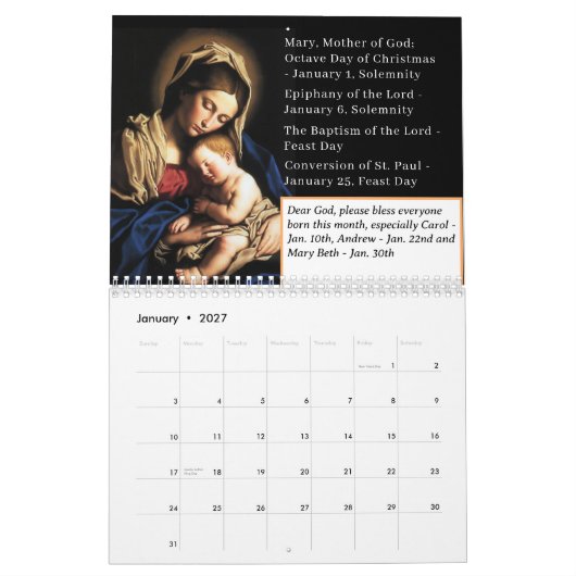Katholieke plechtigheden & Feestdagen Kalender (Jan 2027)