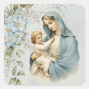 Katholieke Religieuze Bloemen Jezus Maagd Maria Vierkante Sticker