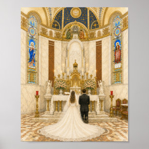 Katholieke trouwerij bruid & bruidegom in de kerk poster