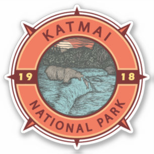 Katmai National Park Grizzly Beer Retro Compass Sticker