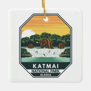 Katmai National Park Grizzly Beren Retro Emblem Keramisch Ornament
