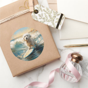 Katoen De Tulear Strand Surfen Schilderij Ronde Sticker