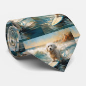 Katoen De Tulear Strand Surfen Schilderij Stropdas (Opgerold)