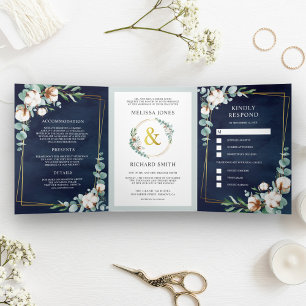 Katoen Eucalyptus All in One Navy Blauwe Trouw Drieluik Uitnodiging