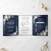 Katoen Eucalyptus All in One Navy Blue Weddenschap Drieluik Uitnodiging (Binnen)