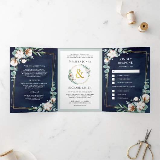 Katoen Eucalyptus All in One Navy Blue Weddenschap Drieluik Uitnodiging (Binnen)