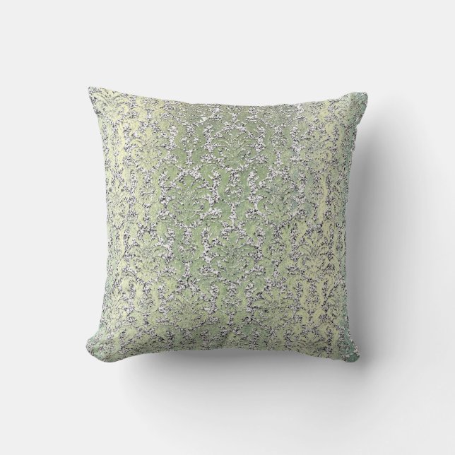Katoen Mint Green Damask Silver Metallic Glitter Kussen (Voorkant)