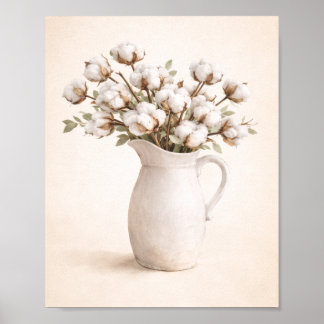 Katoenbloemen in witte vaas Neutrale boerderijstij Poster