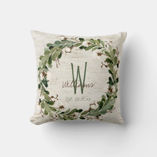 Katoenen Krans Birch Bark Monogram Wedding Keepsak Kussen (Voorkant)