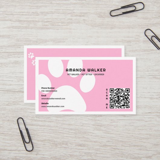 Katoenen Snoep Pawprints QR Code Pet Sitter Walkin Visitekaartje (Voorkant / Achterkant in situ)