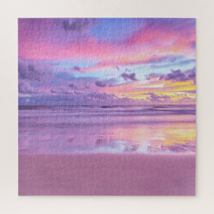 Katoenen snoep zonsopgang: strand uitzicht. legpuzzel