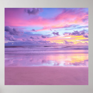 Katoenen snoep zonsopgang: strand uitzicht. poster