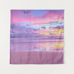 Katoenen snoep zonsopgang: strand uitzicht. wandkleed