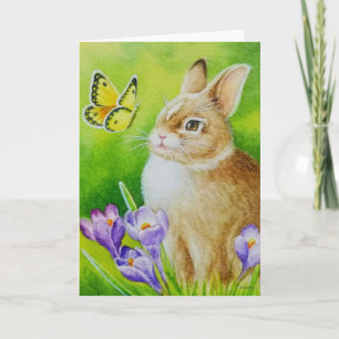 Katoenstaart Konijn Vlinder Krokus Waterverf Art Kaart