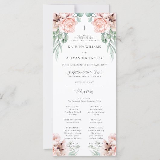 Katrina Pink Floral Programme de mariage catholiqu (Devant)