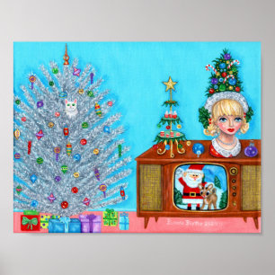 Kat's eerste kerstboom hoofdvaas Santa Claus Poster