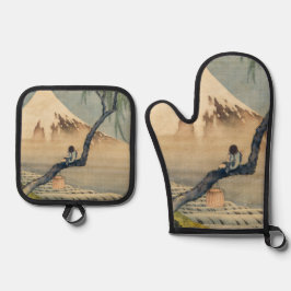 Katsushika Hokusai - Boy Kijkend de Fuji Ovenwant & Pannenlap Set