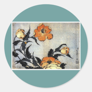 Katsushika Hokusai Ukiyo-e Woodcut Print - Poppies Ronde Sticker