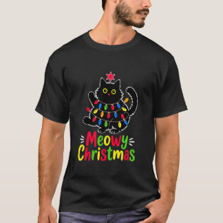 Kattekerstmis Xmas Lichtjes Zwarte Kat Grappige Ma T-shirt