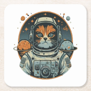 Katten-astronaut op asteroïden vierkante kartonnen onderzetter