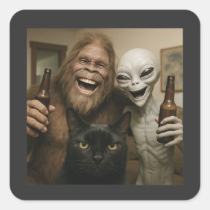 Katten Bigfoot Alien Selfie BFF Grappige Foto Met  Vierkante Sticker