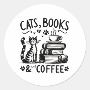 Katten, boeken en koffie ronde sticker