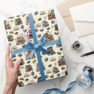 Katten & Boeken op Lichtgeel Cadeaupapier