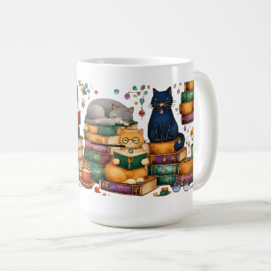 Katten die boeken lezen, gezellige bibliotheek scè koffiemok