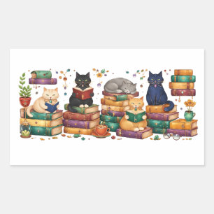 Katten die boeken lezen, gezellige bibliotheek scè rechthoekige sticker