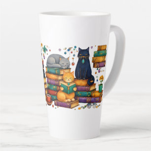 Katten die boeken lezen in een gezellige bibliothe latte mok