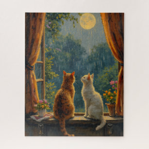 Katten die naar de maan en regen kijken legpuzzel