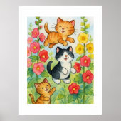 Katten die spelen in de bloementuin op het plattel poster (Voorkant)